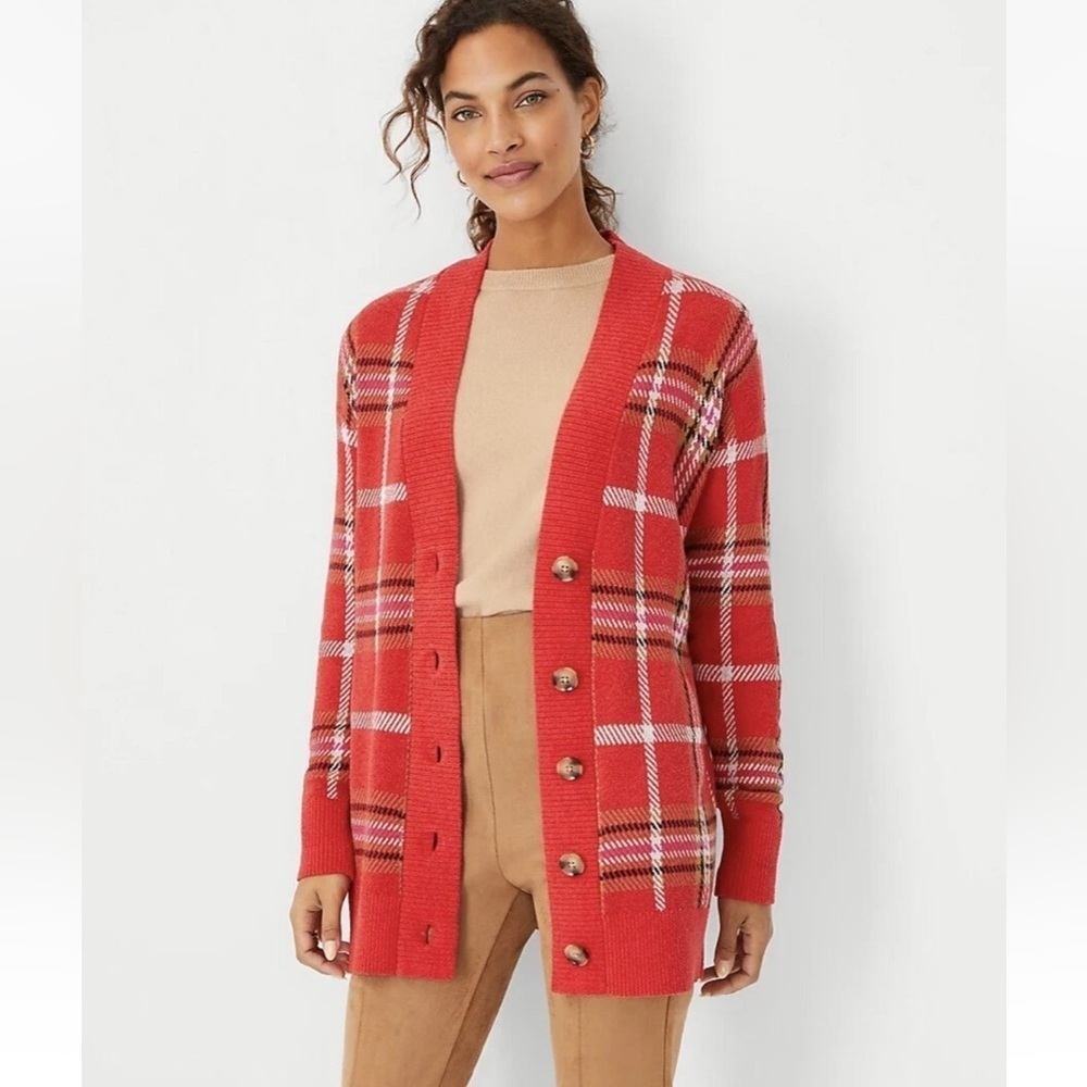 NWT Ann Taylor Jacquard Plaid Boyfriend Cardigan Size M Jubilee Red